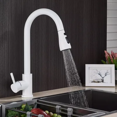 A white kitchen faucet with a pull-down spray head is shown in use, with water spraying into a dark sink. The background is a dark wood grain cabinet.