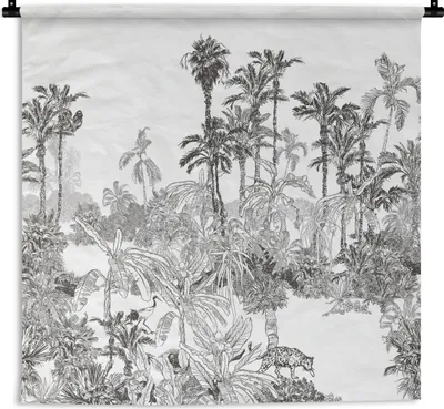 Produktbild von MuchoWow® Wandteppich Wandbehang Dschungel - Schwarz - Weiß 150x150 cm Tapisserie Dekoration Wandtuch - Wohnaccessoires - Modernes