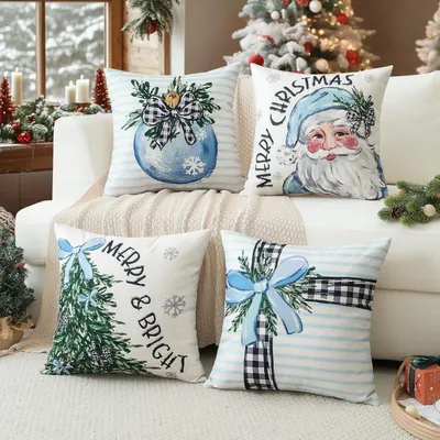 Productafbeelding van Kerstkussenslopen, set van 4, met kerstman en kerstboom, blauw, 45x45 cm, polyester