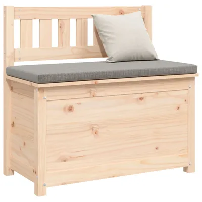 A wooden storage bench with a gray cushion and a beige pillow.