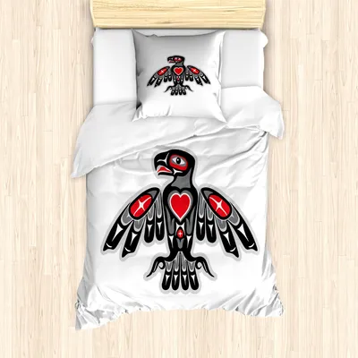 Produktbild von ABAKUHAUS Adler Bettbezug Set für Einzelbetten, Indigene Totem-Vogel-Kunst, Milbensicher Allergiker geeignet mit Kissenbezug, 135 cm x 200 cm - 80 x 80 cm, Dark Pink Purpleblue
