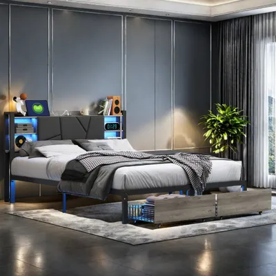 Produktbild von UnboxG Polsterbett 160x200, LED Doppelbett mit USB Typ C Ladefunktion und 2 Schubladen, Bett Jugendbett Stauraumbett Funktionsbett Rückenlehne Bettgestell mit Holz Lattenrost, PU