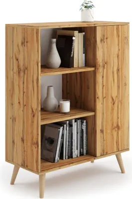 Produktbild von Regal Schrank Fondi in Eiche Craft Gold – Skandinavisches Design | Laminatplatte 18 mm, 6 Regalböden, 1 Tür, Holzbeine 15 cm – Ideal für moderne Wohnzimmer