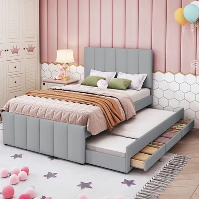 Produktbild von Merax Polsterbett 90x200cm mit Ausziehbett und 3 Schubladen, Leinen Doppelbett Kinderbett Jugendbett mit Lattenrost und höhenverstellbarem Kopfteil
