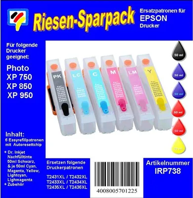 Produktbild von Komplettset CISS / Easyrefill T24 + T24XL Multipack mit 6 Patronen und 300ml Dr.Inkjet Nachfülltinte