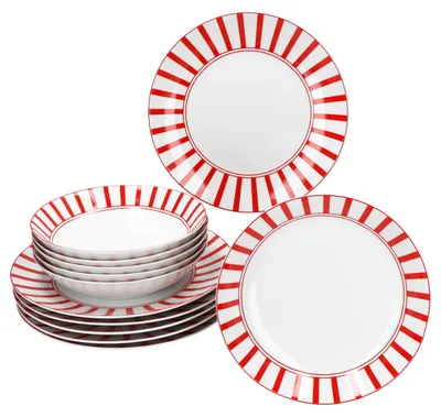 Immagine prodotto di Split rosso strisce 12pcs servizio cena porcellana 6 pers piatto cena piatto fondo a strisce