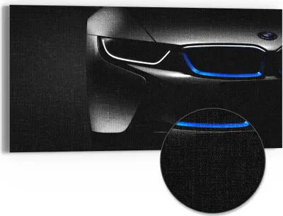Produktbild von DEQORI Hybrid Leinwand Bild 60x30 cm 'BMW i8 Frontalaufnahme' Wandbild Glas flach modern