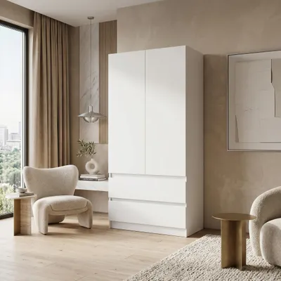 Image de Armoire Novela, blanche, 2 portes | Armoire de chambre moderne 90 x 180 x 50 cm | Armoire pour le couloir et la chambre d'enfant, spacieuse