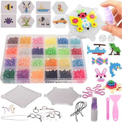 A collection of colorful beads and accessories for crafting, laid out on a white background.