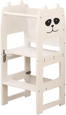A white wooden learning tower for children, designed with a panda face on the front.