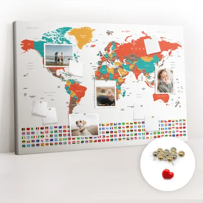 Obrázek produktu pro Korková nástěnka s kolíčky - Tabule s kolíky pro fotografie a poznámky - 120x80 cm - Připínáčky kovové 100 kusů - Barevná mapa světa