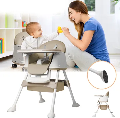 Produktbild von UISEBRT Kinderhochstuhl Höhenverstellbar mit 4 Rollen und 3-fach Tischbrett, Multifunktionaler Babystuhl mit Schlepplasche, Baby Kombihochstuhl, Beige