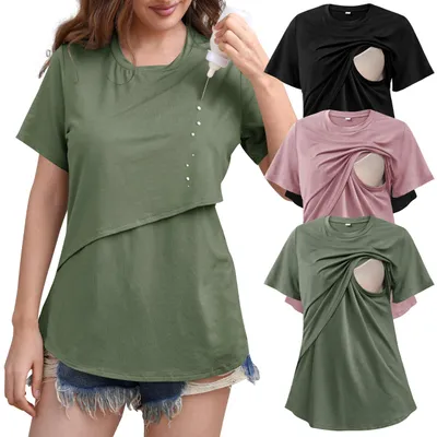 Productafbeelding van 3-pack zwangerschaps T-shirts - Korte mouw, zwart/saliegroen/oudroze