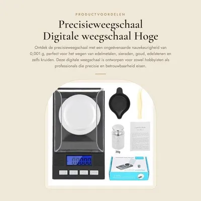 Productafbeelding van Precisieweegschaal 0,001 g - Digitale Sieradenweegschaal - Kalibratiegewicht - Tara-functie - Automatische Uitschakeling - Voorruit voor Stabiliteit - Digitale Weegschaal