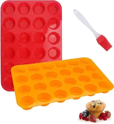 Immagine prodotto di Stampi in silicone per mini muffin, confezione da 24 pezzi, ideali per cupcakes, budini e brownies, dimensioni 33x22x2,5 cm