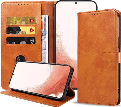 Zdjęcie produktu dla Etui na telefon Samsung Galaxy S22 Plus ze sztucznej skóry z magnetyczną wargą i uchwytem na karty Etui z klapką - brązowe - Smartphonics