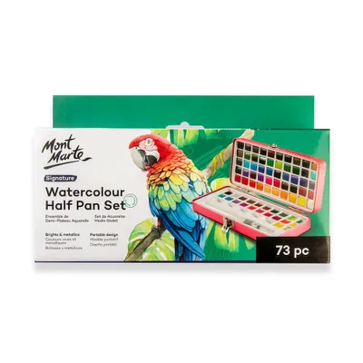 Produktbild von Mont Marte Aquarellkasten 72 Farben – 50 leuchtenden & 22 metallischen Farben, tragbar mit Wassertankpinsel  – Ideal für Reisen, Hobby & Kunstprojekte