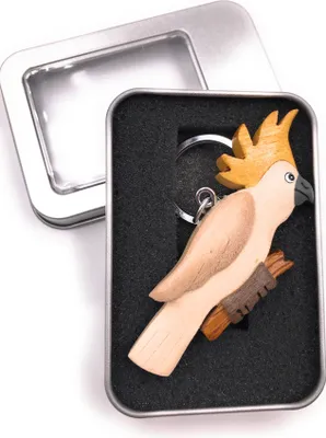 Produktbild von Schlüsselanhänger Holz Kakadu Papagei Vogel auf Ast Federhaube Sittich Anhänger in Geschenkbox