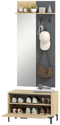 Image de Armoire avec miroir, banc à chaussures, 3 crochets, ensemble d'entrée 4 en 1, MDF, bois naturel gris | Tout-en-un | 29 kg | 60 x 13,5 x 127,5 cm