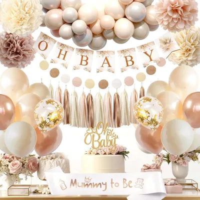 Produktbild von Babyparty Deko Set Beige Nude Weiß Neutral "Oh Baby" Girlande Luftballons