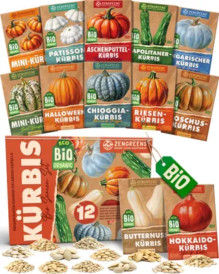 Produktbild von ZenGreens® Bio Kürbissamen Set 12 Sorten – samenfestes Saatgut für Garten