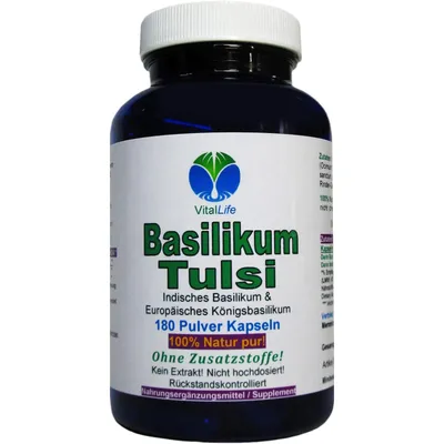 Produktbild von Basilikum Tulsi 180 Pulver Kapseln NATUR Pur NICHT hochdosiert KEIN Extrakt OHNE Zusatzstoffe OHNE Füllstoffe.