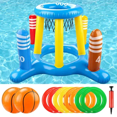Imagen del producto de Juego de agua inflable 2 en 1 con flotadores, 2 pelotas, 8 aros, incluye bomba, ideal para jardín y piscina