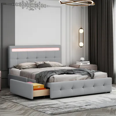 Obrázek produktu pro MODFU Čalouněná postel Funkční 140 x 200 cm s LED osvětlením a nastavitelným čelem, manželská postel Úložná postel se 4 zásuvkami Látka šedá (bez matrace)