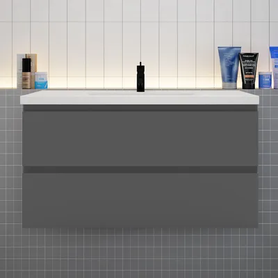 Produktbild von Badezimmermöbel 100cm CINIC-Serie Mineralguss Waschtisch mit Unterschrank Hängeschrank Badezimmerschränke mit 2 Schubladen Anthrazit
