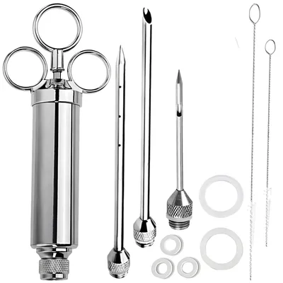Produktbild von BQ Bratenspritze mit 3 Nadeln,Pulled Pork Set inkl Fleischspritze,krapfenspritze,Marinadenspritze aus Edelstahl Gewürzspritze Grill Huhn Rind, Retoo