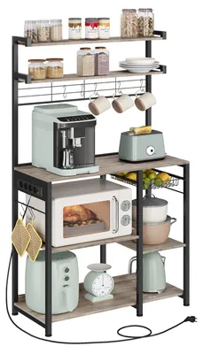 Immagine prodotto di VASAGLE, scaffale da cucina, scaffale autoportante con prese di corrente, 8 ganci a S, con cesto