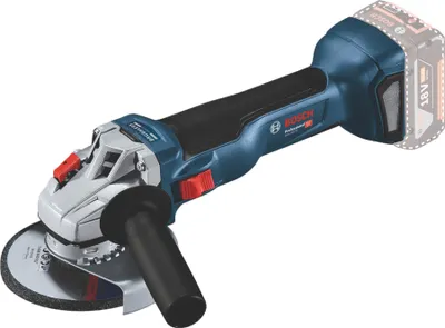 A cordless angle grinder is shown against a white background.