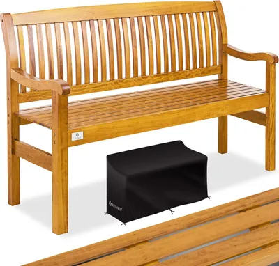 A wooden garden bench with a black cover underneath it, set against a white background.