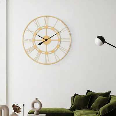 Produktbild von WOMO-DESIGN Große Wanduhr Stockholm rund Ø 85cm, handgefertigt aus Eisen, im Vintage-Stil, Altgold mit Großen römische Ziffern, Lautlos, ohne Tickgeräusche