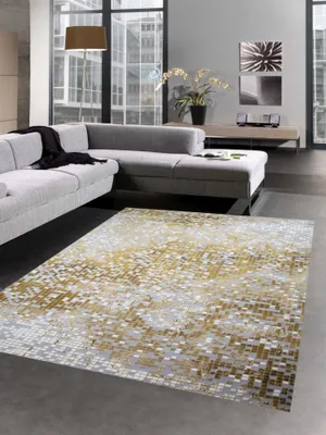 Produktbild von Teppich modern Wohnzimmer Teppich Mosaik in grau senfgelb Größe - 80 x 300 cm