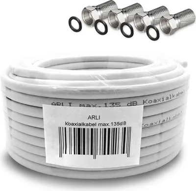 Produktbild von 20m ARLI Koaxialkabel – max. 135 dB 5-fach geschirmt UV-beständig + 4x F-Stecker mit breiter Mutter & Dichtring für DVB-S DVB-T2 4K HDTV
