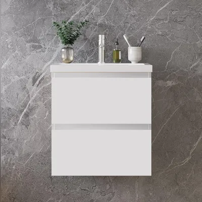 Produktbild von 50 cm Badmöbel-Set Unterschrank mit Mineralguss waschtisch 2 Schubladen soft-close Weiß Matt Selbstmontierter