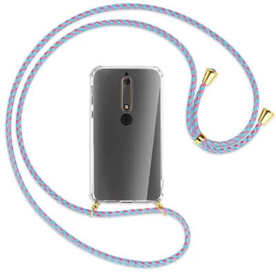 Produktbild von Handykette Backcover-Schutzhülle mit Band (Metall goldfarben) für Nokia 6.1 - pink/mint