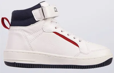 A white high-top sneaker with navy accents and a red stripe.