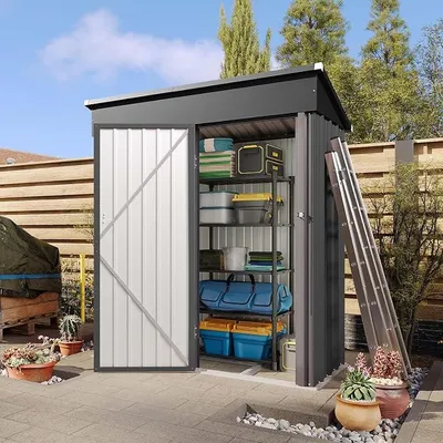 Productafbeelding van Metalen tuinhuis, 150 x 91 x 185 cm, tuinhuis met funderingsframe, schilddak met ventilatieopeningen, afsluitbare deur, geschikt voor buiten, zwart