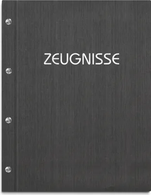 Produktbild von Zeugnismappe im schwarzen Einband in Leinenoptik, mit hochwertigem Prägedruck in silber – handgefertigte Mappe für Zeugnisse inkl. 12 Sichthüllen