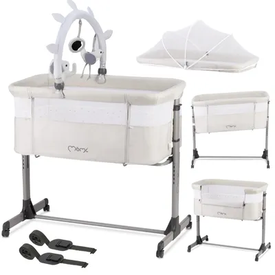 Produktbild von MoMi Babybett REVO, Hellgrau, 6 Höhenstufen, 2in1, mit Matratze, Moskitonetz & Spielzeugbar, Stahl PP PE, 90x56x72-82 cm, ab Geburt bis 9 kg, Tag- & Nachtbett, Beistellbett für Elternbett (min. 8 cm Abstand)