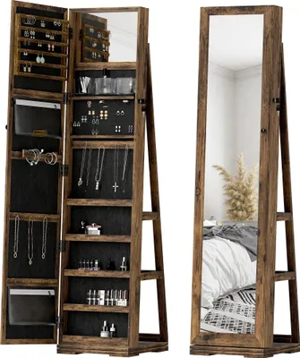 Image de Armoire à bijoux - armoire à glace - pivotant à 360° - verrouillable - petit miroir intérieur - bois - 38×38×160 cm - marron clair