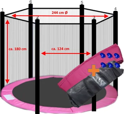 Diagram showing the dimensions and components of a trampoline safety net and padding.