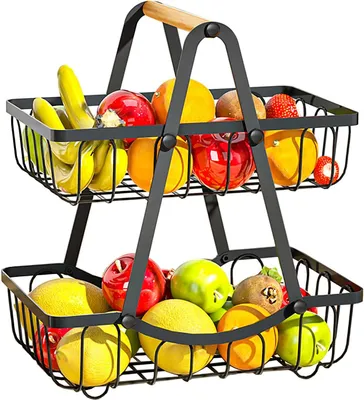 Produktbild von 2 Stöckig Obstkorb Etagere, Obstschale Metall Schwarz mit Holzgriff, 2 Etagen Obstschale Moderne für Obst, Gemüse, Snacks, Brot, Küche, Eckregal