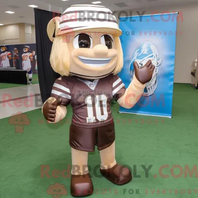Produktbild von Maskottchen-Charakter REDBROKOLY eines braunen American-Football-Helms bekleidet mit einem Bleistiftrock und Armbändern