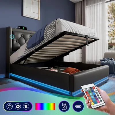 Produktbild von Flieks čalouněná postel 90x200cm s USB a Type-C, jednolůžko pro mládež s LED diodou, hydraulická postel s úložným prostorem, postel s roštovým rámem, PU, černá