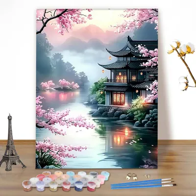 Image de Kit de peinture par numéros, paysage, 40x50 cm, peintures acryliques, pinceaux, pour adultes et débutants