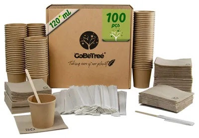 100 Kraftpapier-Becher 120 ml mit Rührstäbchen & Servetten