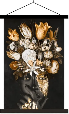Produktbild von MuchoWow® Textilposter Frau - Blumen - Gold 40x60 cm mit schwarzem Rahmen - Wanddekorationen